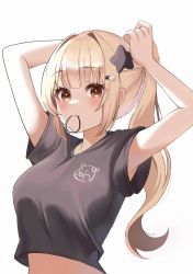 Rule 34 | 1girl, absurdres, armpit peek, armpits, arms up, bad id, bad twitter id, bare arms, black shirt, blonde hair, breasts, brown eyes, crop top, crop top overhang, doongdang, hair ornament, hair tie, hair tie in mouth, hairclip, highres, long hair, looking at viewer, medium breasts, midriff, mole, mole under eye, mouth hold, original, ponytail, shirt, short sleeves, sidelocks, simple background, solo, stomach, upper body, white background
