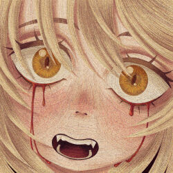 Rule 34 | 1girl, blonde hair, blood, bloody tears, close-up, commentary, cryptidhermit, dungeon meshi, english commentary, falin touden, faux traditional media, hair between eyes, highres, looking at viewer, open mouth, slit pupils, solo, spoilers, teeth, yellow eyes