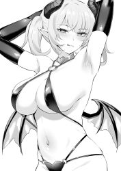 Rule 34 | 1girl, :q, alexmaster, armpits, arms behind head, arms up, bare shoulders, bikini, breasts, choker, cleavage, closed mouth, cowboy shot, criss-cross halter, demon girl, demon horns, demon wings, elbow gloves, gloves, greyscale, halterneck, horns, large breasts, long hair, looking at viewer, monochrome, multi-strapped bikini, naughty face, navel, o-ring, o-ring bikini, original, pointy ears, sidelocks, skindentation, smile, solo, stomach, string bikini, swimsuit, tongue, tongue out, twintails, wings