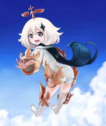 Rule 34 | 1girl, ass, black cape, black eyes, blush, boots, cape, cloud, dalcom, dress, flying, from behind, genshin impact, hair ornament, halo, highres, long sleeves, looking at viewer, looking back, open mouth, paimon (genshin impact), short hair, sky, smile, teeth, white dress, white footwear, white hair
