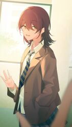 Rule 34 | 1girl, 1other, absurdres, alternate hair length, alternate hairstyle, blazer, blurry, blurry foreground, brown hair, brown jacket, depth of field, diagonal-striped clothes, diagonal-striped necktie, hair between eyes, hand in pocket, highres, idolmaster, idolmaster shiny colors, jacket, necktie, odecono3, osaki tenka, plaid, plaid skirt, pleated skirt, school uniform, shirt, skirt, solo, striped clothes, white shirt, yellow eyes