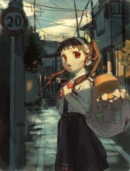 Rule 34 | 1girl, absurdres, backpack, bag, black skirt, brown hair, building, green ribbon, hachikuji mayoi, hair ribbon, hairband, highres, long hair, monogatari (series), open mouth, outdoors, power lines, red eyes, ribbon, road sign, shirt, sign, skirt, solipsist, solo, twintails, utility pole, white hairband, white shirt