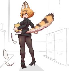 Rule 34 | 1girl, animal ears, ass, black skirt, business suit, cat ears, cat tail, extra ears, formal, from behind, high heels, highres, holding, holding paper, kemono friends, office, office lady, panties, panties under pantyhose, pantyhose, pantyshot, paper, papers, pencil skirt, serval (kemono friends), skirt, skirt suit, striped tail, suit, tail, tateoftot, underwear