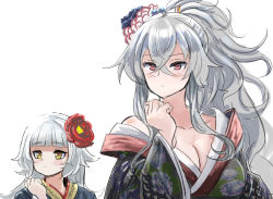 Rule 34 | 2girls, alternate costume, azur lane, blunt bangs, blush, breasts, cleavage, commentary request, graf zeppelin (azur lane), hair between eyes, hair ornament, hey taisyou, highres, japanese clothes, large breasts, long hair, multiple girls, red eyes, silver hair, simple background, very long hair, yellow eyes, z46 (azur lane)