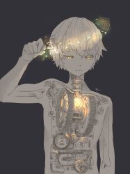 Rule 34 | 1boy, android, arm up, cat, crank, eveyeil, eyelashes, frown, gauge, gears, glowing, grey background, highres, light bulb, limited palette, looking down, male focus, mechanical parts, original, short hair, skeleton, sparkle, star (sky), x-ray, yellow eyes