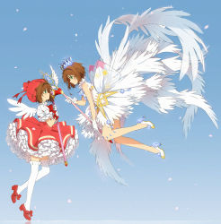 Rule 34 | 2girls, blue background, bow, brown hair, cardcaptor sakura, crown, dress, dual persona, eye contact, feathered wings, gloves, green eyes, hakusai (tiahszld), hat, high heels, highres, holding, holding wand, kinomoto sakura, looking at another, mini crown, multiple girls, pleated dress, profile, puffy short sleeves, puffy sleeves, red bow, red dress, red footwear, red headwear, shirt, shoes, short sleeves, sleeveless, sleeveless dress, thighhighs, time paradox, wand, white dress, white footwear, white gloves, white legwear, white shirt, white wings, wings