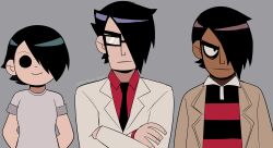 Rule 34 | 1girl, 2boys, absurdres, arms behind back, black eyeliner, black hair, black necktie, brown jacket, commentary, eyeliner, formal, frown, gideon gordon graves, glasses, grey background, hair over one eye, highres, jacket, knives chau, makeup, matthew patel, multiple boys, necktie, opaque glasses, pencilman draws, scott pilgrim (series), scott pilgrim takes off, shirt, short hair, smile, striped clothes, striped shirt, suit, suit jacket, t-shirt, twitter username, white jacket, white suit