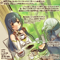 Rule 34 | 10s, 2girls, bare shoulders, black eyes, black hair, cafe, cake, coffee, coffee cup, colored pencil (medium), commentary request, cup, dated, detached sleeves, disposable cup, dress, food, hair ribbon, headband, holding, holding cup, kamoi (kancolle), kantai collection, kirisawa juuzou, long hair, mizuho (kancolle), multiple girls, numbered, red ribbon, ribbon, sidelocks, sitting, smile, traditional media, translation request, twitter username, white hair