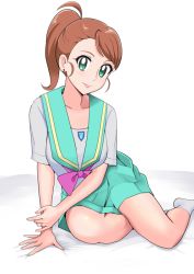 Rule 34 | 1girl, a (phrase), ahoge, aozora middle school uniform, aqua sailor collar, aqua skirt, arm support, asymmetrical bangs, bakusai, bed sheet, blush, bow, bowtie, breasts, breasts squeezed together, brown hair, collarbone, earrings, grabbing own arm, green eyes, heart, heart in eye, jewelry, lipstick, long hair, looking at viewer, makeup, medium breasts, miniskirt, natsuumi aoi, on bed, pink bow, pink bowtie, pink lips, pleated skirt, ponytail, precure, ring, sailor collar, school uniform, serafuku, simple background, sitting, skirt, smile, socks, solo, symbol in eye, tropical-rouge! precure, wedding ring, white background, white socks, yokozuwari