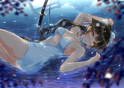 Rule 34 | 1girl, azur lane, black hair, blurry, blurry foreground, blush, breasts, brown eyes, center opening, choker, cleavage, covered erect nipples, flower, hair flower, hair ornament, hair ribbon, highres, kazeno, long hair, looking at viewer, lying, medium breasts, on back, one-piece swimsuit, partially submerged, petals, ribbon, sideboob, solo, swimsuit, sword, takao (azur lane), takao (beach rhapsody) (azur lane), torii, water, weapon, white one-piece swimsuit