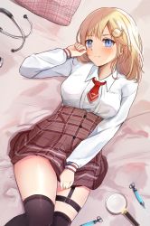 Rule 34 | 1girl, bed sheet, black thighhighs, blonde hair, blue eyes, blush, breasts, brown skirt, collared shirt, commentary, dress shirt, hair ornament, hand up, high-waist skirt, highres, hololive, hololive english, long sleeves, looking at viewer, lying, medium breasts, miniskirt, necktie, on back, on bed, plaid, plaid skirt, red necktie, shirt, shuuzo3, skirt, skirt tug, solo, syringe, thighhighs, thighs, virtual youtuber, watson amelia, watson amelia (1st costume), white shirt, zettai ryouiki