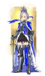 Rule 34 | 1girl, armor, blue cape, boots, breastplate, cape, clenched hand, closed mouth, commentary, crown, english commentary, fur trim, gauntlets, hair bun, hand on hilt, highres, holding, holding sword, holding weapon, knight, original, parted bangs, purple hair, single hair bun, solo, standing, sword, thigh boots, thighhighs, tostantan, weapon, yellow background, yellow eyes, zettai ryouiki
