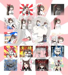 Rule 34 | akagi (azur lane), animal ears, azur lane, blue eyes, blue fire, bow, breasts, brown hair, carrying overhead, cheek poking, clothes writing, commentary request, enterprise (azur lane), closed eyes, fire, fox ears, futon, glowing, glowing eye, glowing eyes, hair bow, hair ribbon, hand on another&#039;s shoulder, hat, highres, holding, holding weapon, hyuuga (azur lane), ise (azur lane), japanese clothes, kaga (azur lane), katana, long hair, looking at viewer, military, military hat, military uniform, navel, necktie, ning hai (azur lane), open mouth, own hands together, parka (summersketch), ping hai (azur lane), pointing, poking, purple eyes, red eyes, ribbon, shirt, shoukaku (azur lane), side ponytail, sitting, sleeping, sword, t-shirt, tail, tears, thumbs up, translation request, twintails, uniform, weapon, white hair, zuikaku (azur lane), zzz