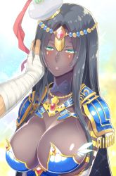 Rule 34 | 1boy, 1girl, black hair, breasts, circlet, cleavage, colored eyelashes, dark-skinned female, dark skin, eyelashes, fate/grand order, fate (series), green eyes, hand on another&#039;s face, hat, highres, jewelry, large breasts, lips, long hair, nakamura hinato, necklace, pov, pov hands, scheherazade (fate), shiny skin, solo focus, sparkle, upper body, very long hair, wrist wrap
