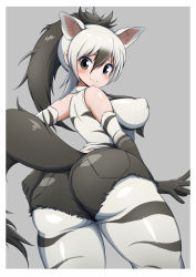 Rule 34 | 1girl, aardwolf (kemono friends), aardwolf print, animal ears, animal print, arm at side, ass, bare shoulders, black eyes, black hair, black shorts, black tail, border, breasts, closed mouth, covered erect nipples, curvy, cutoffs, elbow gloves, extra ears, from behind, from below, furrowed brow, gloves, grey background, grey hair, hair between eyes, hand on own ass, high ponytail, highres, impossible clothes, impossible shirt, impossible shorts, kemono friends, large breasts, long hair, looking at viewer, looking back, morimasakazu, multicolored hair, outstretched arm, pantyhose, pantyhose under shorts, pocket, print gloves, print pantyhose, print shirt, shiny clothes, shiny skin, shirt, short shorts, shorts, sidelocks, simple background, sleeveless, sleeveless shirt, smile, solo, spread fingers, tail, two-tone hair