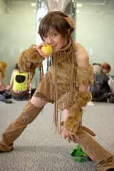 Rule 34 | 1girl, animal ears, asian, blurry, brown eyes, brown hair, choker, cosplay, depth of field, dog ears, fake animal ears, food, fringe trim, fruit, fur, grapes, indoors, leaf, leaning forward, looking at viewer, matching hair/eyes, namako, outstretched arm, peach, photo (medium), short hair, smile, solo focus, thighhighs, tm revolution, wild rush