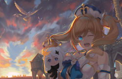 Rule 34 | 2girls, :3, armpits, backlighting, barbara (genshin impact), bare shoulders, benpao de ruoji, bird, black scarf, blonde hair, blue eyes, blue neckwear, breasts, cathedral, chinese commentary, cloud, commentary request, cross, dated, detached sleeves, dove, dress, drill hair, genshin impact, halo, hat, highres, large breasts, latin cross, multiple girls, necktie, one eye closed, open mouth, paimon (genshin impact), ringlets, scarf, short hair, sky, smile, sunset, teeth, twin drills, twintails, upper body, upper teeth only, watermark, white dress, white hair, white headwear, white sleeves