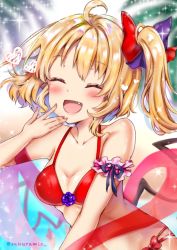 Rule 34 | 1girl, :d, ahoge, arm strap, bikini, blonde hair, blue ribbon, blush, bow, breasts, cleavage, closed eyes, collarbone, fang, flandre scarlet, flower, hair bow, heart, highres, medium breasts, multi-strapped bikini, open mouth, purple bow, purple flower, purple rose, red bikini, red bow, ribbon, rose, sakuramiya nya, short hair, side ponytail, smile, solo, sparkle, swimsuit, touhou, upper body