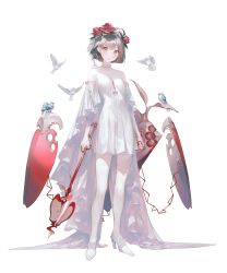 Rule 34 | 1girl, animal, arms at sides, bare shoulders, bird, breasts, brown hair, choker, dress, flower, frilled choker, frills, grey eyes, grimlight, hair flower, hair ornament, high heels, highres, holding, holding weapon, looking at viewer, mace, official art, parted lips, rose, short hair, simple background, small breasts, snow white (grimlight), solo, standing, sul ( 20sub), transparent background, weapon