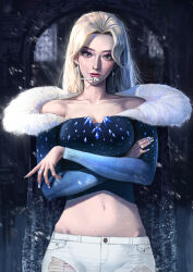 Rule 34 | 1girl, absurdres, adapted costume, blonde hair, blue eyes, blue nails, blue shirt, commentary, cropped shirt, earpiece, earrings, elsa (frozen), english commentary, eyeshadow, frozen (disney), head tilt, heo sung-moo, highres, jewelry, long hair, makeup, multicolored nails, multiple rings, navel, nose piercing, nose ring, off-shoulder shirt, off shoulder, olaf (frozen), pants, piercing, purple eyeshadow, realistic, ring, shirt, smile, solo, straight-on, white nails, white pants