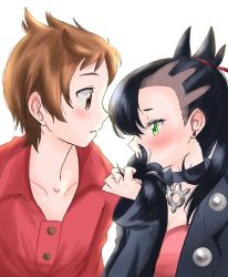 Rule 34 | 1boy, 1girl, black hair, black jacket, blush, brown eyes, brown hair, creatures (company), dress, emapippi, game freak, green eyes, highres, holding, holding own hair, jacket, long hair, looking at another, marnie (pokemon), nintendo, pink dress, pokemon, pokemon swsh, red sweater, short hair, sweater, twintails, upper body, victor (pokemon), white background