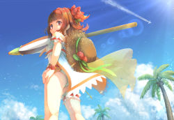 Rule 34 | 1girl, akino kaede, akino kaede (swimsuit ver.), ass, beach, blush, bridal garter, frills, from behind, from below, hair ornament, hat, highres, holding, holding umbrella, kanechitomoyo, looking at viewer, looking back, magia record: mahou shoujo madoka magica gaiden, mahou shoujo madoka magica, ribbon, solo, straw hat, swimsuit, two side up, umbrella