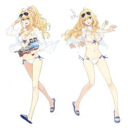 Rule 34 | 1girl, ahoge, alternate costume, aqua eyes, bikini, blonde hair, blue nails, breasts, cleavage, criss-cross halter, earrings, eyewear on head, feet, floating clothes, front-tie bikini top, front-tie top, full body, groin, halterneck, halterneck, hand up, hao (patinnko), holding, index finger raised, jewelry, kongou (warship girls r), large breasts, legs apart, long hair, long sleeves, looking at viewer, looking away, machinery, multiple views, nail polish, navel, official art, one eye closed, open clothes, open hand, open mouth, open shirt, outstretched hand, panicking, shirt, side-tie bikini bottom, side-tie bottom, slippers, smile, sunglasses, swimsuit, teeth, toes, torn bikini, torn clothes, torn shirt, torn swimsuit, underboob, untied, upper teeth only, walking, warship girls r, water gun, wavy hair, white background, white bikini, white shirt