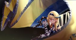 Rule 34 | 1girl, arknights, blonde hair, blue eyes, blue hairband, blue necktie, braid, commentary, english commentary, flag, hair between eyes, hairband, highres, holding, holding sword, holding weapon, horns, kanzakimitoto, long hair, necktie, pointy ears, saileach (arknights), solo, sword, twin braids, upper body, weapon