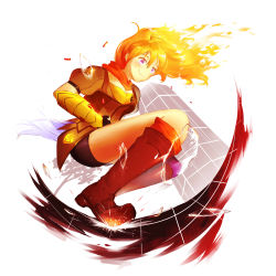 Rule 34 | 1girl, absurdres, ahoge, bike shorts, black shorts, blonde hair, boots, brown footwear, fiery hair, fingerless gloves, from below, full body, gauntlets, glass shards, gloves, highres, husk57, knee boots, long hair, looking down, puffy short sleeves, puffy sleeves, purple eyes, rwby, scarf, shell casing, short sleeves, shorts, smile, solo, sparks, white background, yang xiao long