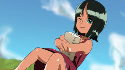 Rule 34 | 1girl, aged down, bare arms, bare legs, bare shoulders, black hair, blurry, blurry background, book, child, closed mouth, cloud, day, dress, dutch angle, feet out of frame, female focus, green eyes, highres, hiropon (hjxp2347), holding, holding book, looking at viewer, nico robin, official alternate costume, one eye closed, one piece, outdoors, red dress, shiny skin, short hair, sky, sleeveless, sleeveless dress, smile, solo, wink