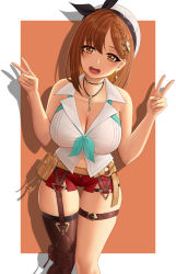 Rule 34 | 1girl, atelier (series), atelier ryza, atelier ryza 2, bare shoulders, belt, beret, black ribbon, blush, border, braid, breasts, brown belt, brown eyes, brown hair, cleavage, collarbone, collared shirt, double v, hair ornament, hat, highres, jewelry, key, large breasts, looking at viewer, necklace, open mouth, orange background, pouch, red shorts, reisalin stout, ribbon, shirt, short hair, short shorts, shorts, side braid, single thighhigh, skindentation, sleeveless, sleeveless shirt, smile, solo, thighhighs, thighs, v, white border, white hat, white shirt, zaphn