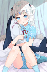 Rule 34 | 1girl, absurdres, blue eyes, blue hair, blue pajamas, blunt bangs, hugging doll, feet out of frame, fins, fish tail, gawr gura, hair ornament, highres, hololive, hololive english, kananotte, looking at viewer, medium hair, multicolored hair, hugging object, on bed, pajamas, parted lips, polka dot, polka dot pajamas, shark girl, shark hair ornament, shark tail, sharp teeth, short sleeves, sitting, socks, solo, streaked hair, stuffed animal, stuffed shark, stuffed toy, sunlight, tail, teeth, two side up, upper teeth only, virtual youtuber, white hair