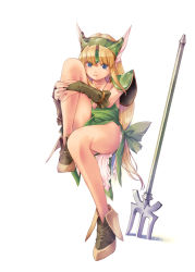 Rule 34 | 1girl, armor, blonde hair, blue eyes, boots, bow, closed mouth, collarbone, dress, full body, green bow, green dress, hair between eyes, hair bow, hair intakes, highres, hugging own legs, invisible chair, kirishima satoshi, long hair, looking at viewer, low-tied long hair, pauldrons, polearm, riesz, seiken densetsu, seiken densetsu 3, short dress, shoulder armor, side slit, simple background, sitting, sleeveless, sleeveless dress, smile, solo, strapless, strapless dress, trident, very long hair, weapon, white background