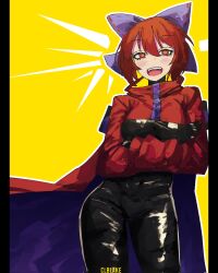 Rule 34 | 1girl, adapted costume, akatsuki records, black bodysuit, bodysuit, bow, cape, cloak, commentary, corporalblake, crossed arms, hair bow, highres, latex, latex bodysuit, long sleeves, looking at viewer, open mouth, outline, pillarboxed, purple bow, red cape, red cloak, red eyes, rock &#039;n&#039; rock &#039;n&#039; beat, sekibanki, short hair, simple background, solo, teeth, touhou, upper teeth only, white outline, yellow background, zipper