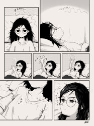Rule 34 | 1girl, afterimage, anger vein, artist self-insert, bed, blanket, bug, comic, commentary, flat chest, greyscale, highres, insect, lying, monochrome, mosquito, motion lines, niio (niiochi), on back, original, pillow, round eyewear, silent comic, solo, symbol-only commentary