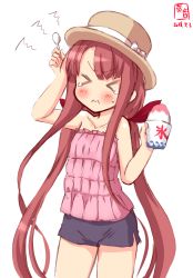 Rule 34 | &gt; &lt;, 1girl, alternate costume, artist logo, blue shorts, brain freeze, casual, closed eyes, commentary request, cowboy shot, dated, denim, denim shorts, food, frilled shirt, frills, glass, hair ribbon, hat, highres, kanon (kurogane knights), kantai collection, kawakaze (kancolle), long hair, low twintails, pink shirt, pink tube top, red hair, red ribbon, ribbon, shaved ice, shirt, shorts, simple background, solo, spoon, strapless, tube top, twintails, very long hair, white background
