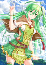 Rule 34 | 1girl, :d, ahoge, cape, green eyes, green hair, green thighhighs, hair ornament, long hair, looking at viewer, matching hair/eyes, open mouth, original, smile, solo, thighhighs, villyane, wind, wings, zettai ryouiki