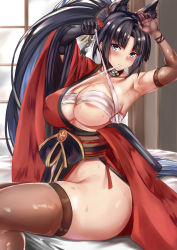 Rule 34 | 1girl, absurdres, areola slip, armpits, ass, asymmetrical gloves, azur lane, black hair, blue eyes, breasts, brown thighhighs, covered erect nipples, gloves, hadanugi dousa, highres, indoors, japanese clothes, kii (azur lane), kimono, large breasts, long hair, mismatched gloves, no panties, on bed, open clothes, open kimono, ponytail, red kimono, sarashi, sitting, skindentation, solo, thighhighs, thighs, uchida shou, very long hair