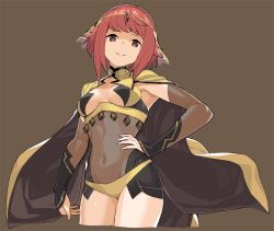 Rule 34 | 1girl, brown background, cape, center opening, cosplay, covered navel, dark mage (fire emblem fates), fire emblem, fire emblem fates, hand on own hip, nintendo, ophelia (fire emblem), ophelia (fire emblem) (cosplay), parted lips, pink eyes, pink hair, sakura (fire emblem), short hair, simple background, solo, umaguti