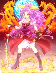 Rule 34 | 1girl, belt, boots, bow, bracelet, breasts, cleavage, dragon, female focus, fingerless gloves, fire, full body, gloves, hair bow, highres, jewelry, katana, long hair, md5 mismatch, mickey dunn, ponytail, purple hair, red eyes, resolution mismatch, scabbard, sheath, solo, source larger, sword, thigh strap, touhou, watatsuki no yorihime, weapon