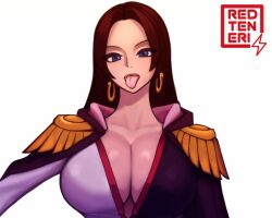 Rule 34 | alternate breast size, amazon warrior, black hair, blue eyes, boa hancock, breasts, dress, earrings, jewelry, large breasts, one piece, redteneri, snake earrings, tongue, tongue out, white background
