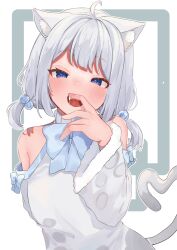 Rule 34 | 1girl, absurdres, ahoge, animal ear fluff, animal ears, arm behind back, blue eyes, cat ears, cat girl, cat tail, clothing cutout, dress, fang, fuura yuri, harikomi, heart, heart tail, highres, looking at viewer, medium hair, open mouth, phase connect, shoulder cutout, smile, solo, tail, teeth, upper teeth only, virtual youtuber, white dress, white fur, white hair