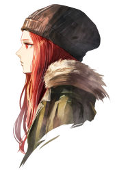 Rule 34 | 1girl, coat, green coat, grey headwear, long hair, original, parted lips, profile, red eyes, red hair, simple background, solo, sushi (sashimise), white background