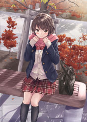 Rule 34 | 1girl, autumn leaves, bag, bench, black socks, blazer, blush, bow, bowtie, brown eyes, brown hair, closed mouth, day, enpera, from above, highres, jacket, kneehighs, looking at viewer, matching hair/eyes, open clothes, open jacket, original, outdoors, pink scarf, red bow, red bowtie, scarf, school bag, school uniform, silhouette, sitting, sleeves past wrists, smile, socks, solo, striped bow, striped bowtie, striped clothes, striped neckwear, sweater vest, swept bangs, tree, yukimaru217