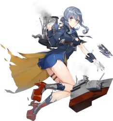 Rule 34 | 1girl, blue eyes, blue hair, drew (drew213g), full body, gloves, gotland (kancolle), kantai collection, long hair, long sleeves, mole, mole under eye, official art, smoke, solo, thighs, torn clothes, transparent background, white background, white gloves