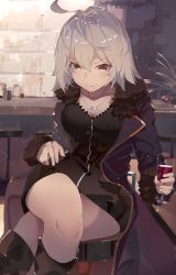 Rule 34 | 1girl, absurdres, ahoge, black coat, black dress, breasts, coat, collarbone, dress, fate/grand order, fate (series), fur-trimmed coat, fur trim, grey background, grey hair, highres, jeanne d&#039;arc (fate), jeanne d&#039;arc alter (fate), jeanne d&#039;arc alter (ver. shinjuku 1999) (fate), jewelry, long sleeves, looking at viewer, medium breasts, medium hair, necklace, official alternate costume, open clothes, open coat, same (sendai623), sitting, solo, wicked dragon witch ver. shinjuku 1999, yellow eyes