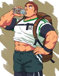Rule 34 | 1boy, abs, absurdres, backpack, bag, bara, bottle, brown hair, clothes pull, cowboy shot, facial hair, highres, large pectorals, male focus, manly, muscular, navel, pectorals, ruizu (takakisan503), shirt pull, shorts, simple background, solo, sportswear, tamamura gunzo, thick eyebrows, tight clothes, tokyo houkago summoners, upper body, water bottle