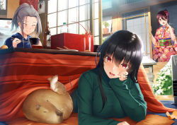 Rule 34 | 3girls, :d, :t, ahoge, bento, black hair, blue kimono, blush, bottle, bowl, brown hair, calendar (object), capybara, chopsticks, closed eyes, closed mouth, commentary, crab, cup, cupping hand, day, eating, floral print, food, food on face, green sweater, hair between eyes, hand on own cheek, hand on own face, hand to own mouth, highres, holding, holding bowl, holding chopsticks, indoors, japanese clothes, kimono, koikeya, kotatsu, long hair, long sleeves, lying, medium hair, mouse (animal), multiple girls, new year, obi, on stomach, open door, open mouth, orange peel, original, parted bangs, plant, ponytail, potted plant, red eyes, sash, silver hair, sleeping, sleeves past wrists, sliding doors, smile, sunlight, sweater, table, turtleneck, under kotatsu, under table, yellow eyes