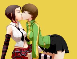 Rule 34 | 2girls, absurdres, arm warmers, between breasts, black hair, black neckwear, bob cut, breasts, brown hair, choker, closed eyes, commission, facing another, french kiss, green jacket, highres, jacket, kiss, m-a-v-e-r-i-c-k, marie (persona 4), multiple girls, necktie, necktie between breasts, non-web source, persona, persona 4, persona 4 the golden, plaid, plaid skirt, pleated skirt, print skirt, profile, satonaka chie, shirt, short hair, simple background, skirt, sleeveless, sleeveless shirt, socks, striped clothes, striped legwear, striped thighhighs, thighhighs, tongue, tongue out, track jacket, yellow background, yuri