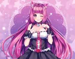 Rule 34 | 1girl, animal ears, bell, blush, breasts, cat ears, cat tail, cleavage, closed mouth, collar, collarbone, commission, highres, large breasts, long hair, looking at viewer, maid, neck bell, one eye closed, original, pink eyes, pink hair, sasucchi95, smile, solo, tail, upper body, very long hair